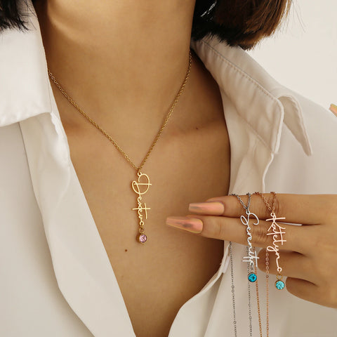 Custom Vertical Name Necklace with Birthstone Name Necklace
