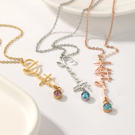 Custom Vertical Name Necklace with Birthstone Name Necklace