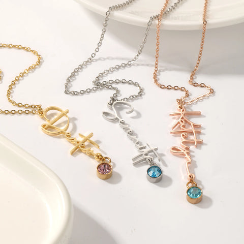 Custom Vertical Name Necklace with Birthstone Name Necklace