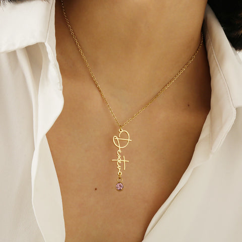 Custom Vertical Name Necklace with Birthstone Name Necklace