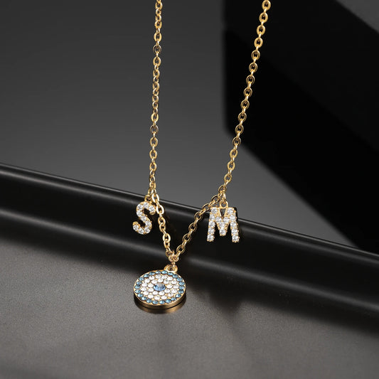 Evil Eye Diamond Letter Initial Necklace