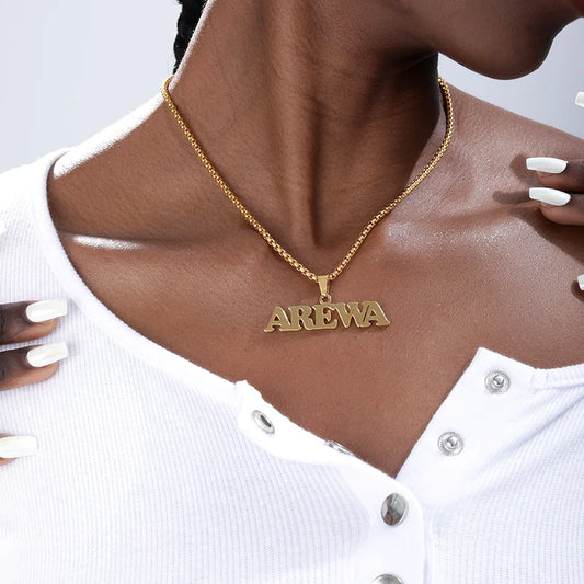 Custom Name Necklace Men Punk Style Box Chain Stainless Steel Personalized Necklace AREWA Pendant Signature Custom Jewelry Gift