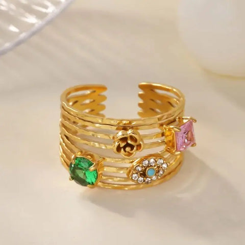 Multi-Layer Zircon Evil Eye Rose Flower Rings For Women 18K Gold Plated Stainless Steel Dainty Ring Wedding Christmas Jewelry