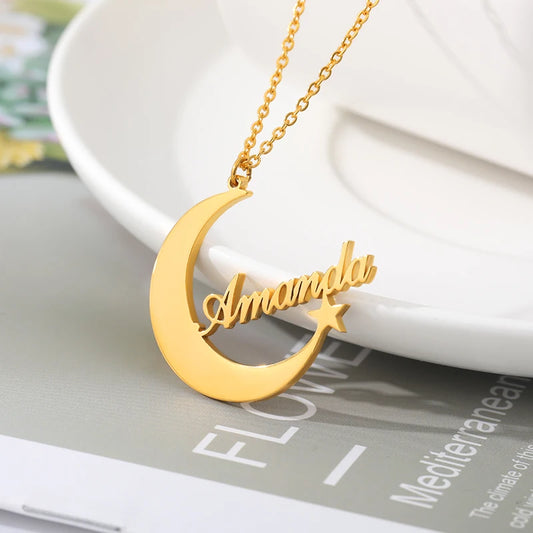 Personalized Custom English Name Necklace Female Creative Stainless Steel Moon Star Name Necklace Pendant Choker Jewelry BFF