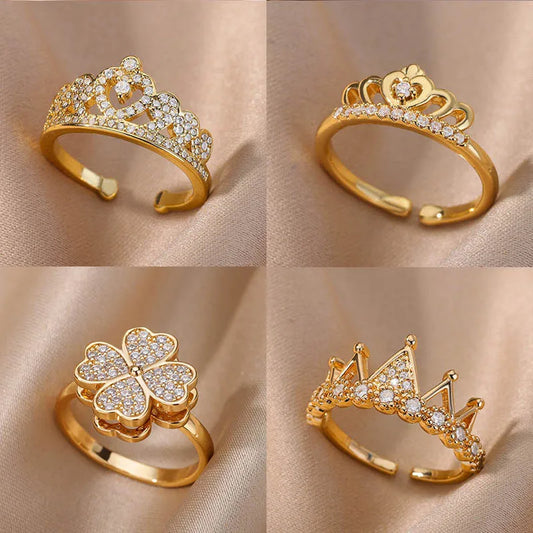 Zircon Crown Rings For Women Stainless Steel Gold Color Vintage Crown Open Ring Wedding Aesthetic Jewelry Gift bijoux femme