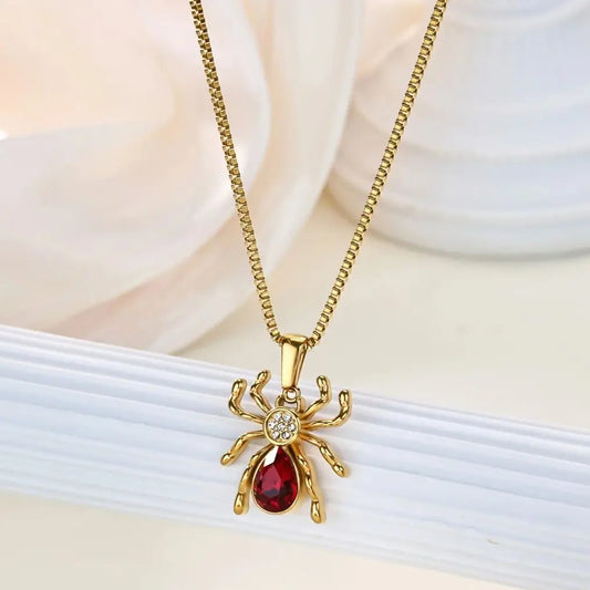 Stainless Steel Spider Pendant Necklace for Women Gold Color Red Zircon Spider Necklace Trendy Gothic Jewelry Gift