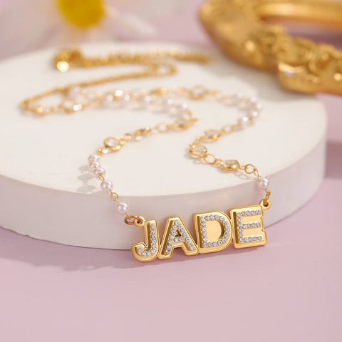 Double Layer Crystal & Pearl Name Necklace