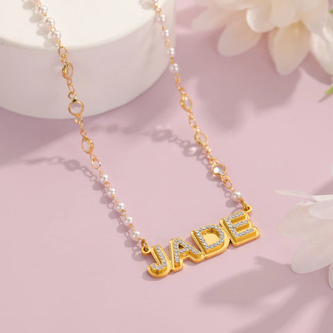 Double Layer Crystal & Pearl Name Necklace