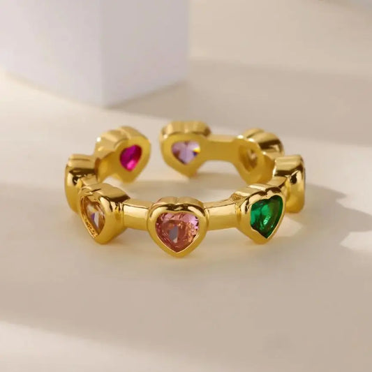 Colored Zircon Heart Rings For Women Gold Color  Stainless Steel Heart Opening Ring Wedding Christmas Jewelry Gift