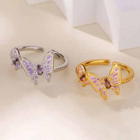 Zircon Butterfly Opening Rings For Women Gold Color Stainless Steel Double Butterfly Ring Aesthetic Wedding Christmas Jewelry