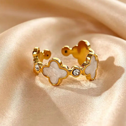 Elegant Zircon Oil Drop Four Leaf Clover Rings For Women Gold Color Stainless Steel Clover Opening Ring Wedding Party Jewelry