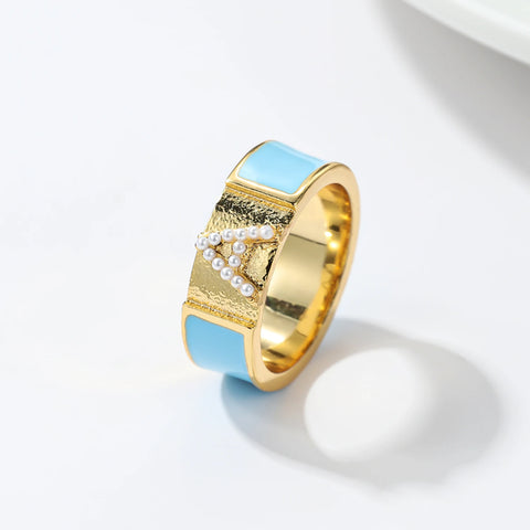 Initial Enamel Pearl Letter Ring