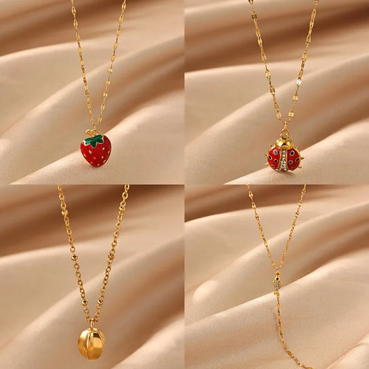 Enamel Strawberry Pendant Necklaces For Women Gold Color Stainless Steel Necklace Sweet Daily Casual Jewelry