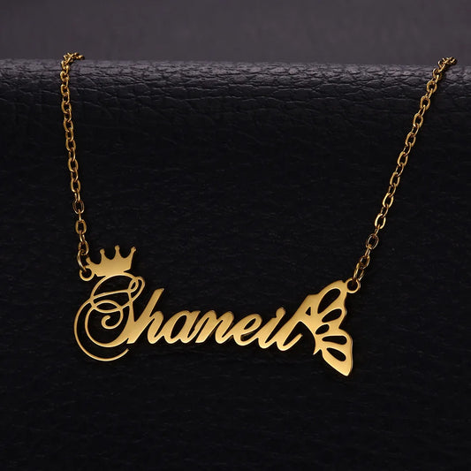 Personalized Custom Name Necklace With Crown and Butterfly Nameplate Jewelry Stainless Steel Choker Name Necklace Gifts For Her