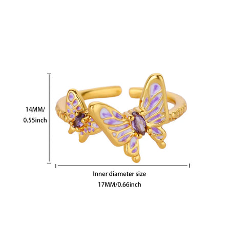 Zircon Butterfly Opening Rings For Women Gold Color Stainless Steel Double Butterfly Ring Aesthetic Wedding Christmas Jewelry