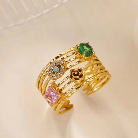 Multi-Layer Zircon Evil Eye Rose Flower Rings For Women 18K Gold Plated Stainless Steel Dainty Ring Wedding Christmas Jewelry