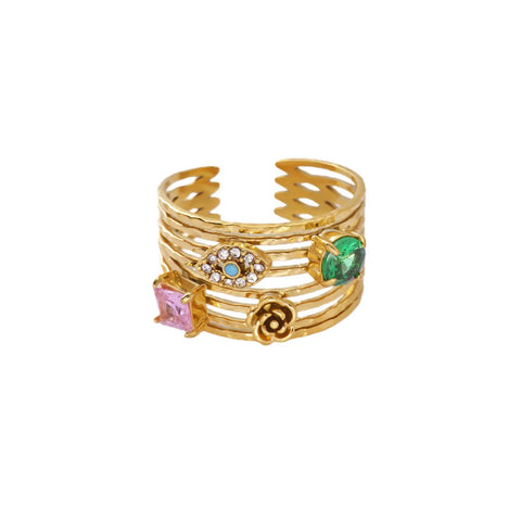 Multi-Layer Zircon Evil Eye Rose Flower Rings For Women 18K Gold Plated Stainless Steel Dainty Ring Wedding Christmas Jewelry