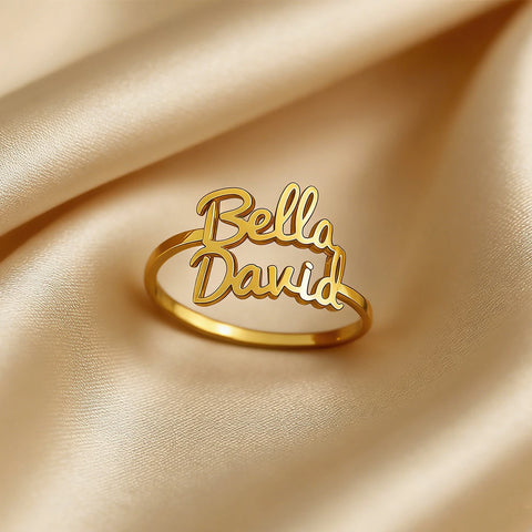 Custom Two Name Rings For Women 18K Gold Plated Stainless Steel Personalized Double Name Ring Wedding Anniversary Birthday Gift