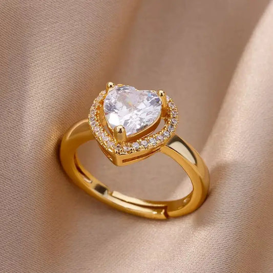Stainless Steel Heart Rings For Women Zircon Gold Color Heart Adjustable Ring Femme Wedding Party Accessories Jewelry Gift