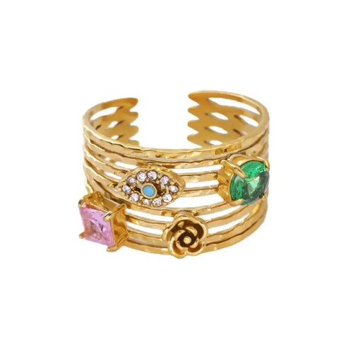 Multi-Layer Zircon Evil Eye Rose Flower Rings For Women 18K Gold Plated Stainless Steel Dainty Ring Wedding Christmas Jewelry