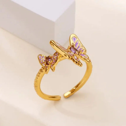 Zircon Butterfly Opening Rings For Women Gold Color Stainless Steel Double Butterfly Ring Aesthetic Wedding Christmas Jewelry