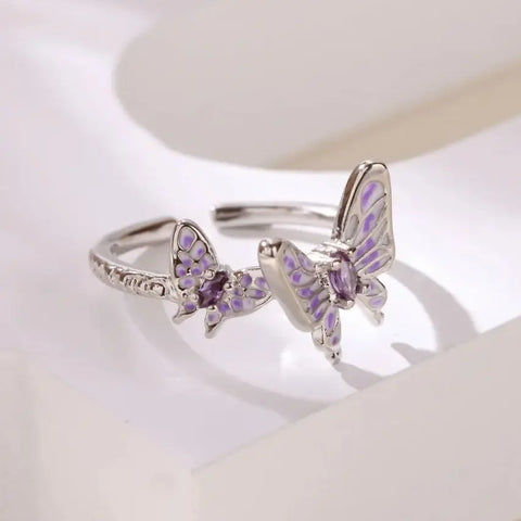 Zircon Butterfly Opening Rings For Women Gold Color Stainless Steel Double Butterfly Ring Aesthetic Wedding Christmas Jewelry
