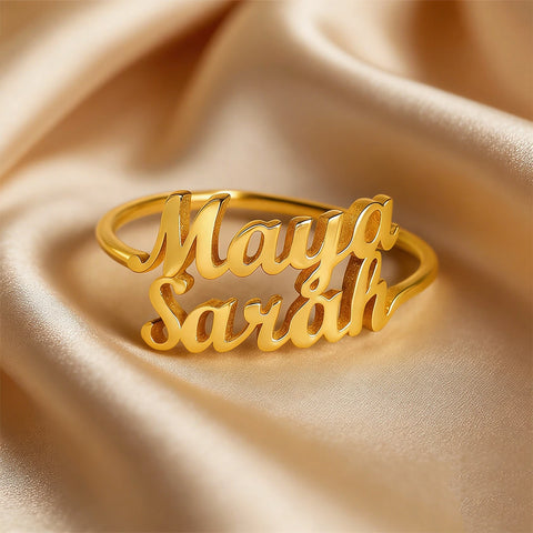 Custom Double Name Rings For Women 18K Gold Plated Stainless Steel Personalized Two Name Ring Wedding Anniversary Birthday Gift