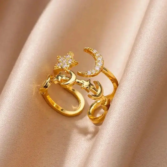 Zircon Star Moon Rings For Women Gold Color Adjustable Stainless Steel Moon Star Ring Wedding Aesthetic Party Jewelry Gift BFF