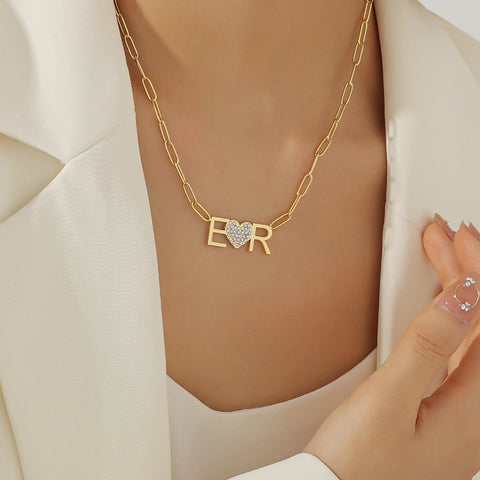 Crystal Heart Paper Clip Initial Necklace