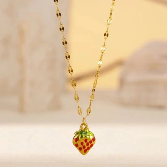 Cute Strawberry Necklaces For Women Gold Color Stainless Steel Strawberry Cherry Pendant Necklace Wedding Christmas Jewelry Gift