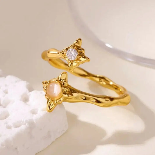 Stainless Steel Zircon Flower Rings For Women Gold Color Double Flower Adjustable Ring Wedding Party Christmas Jewelry Gift