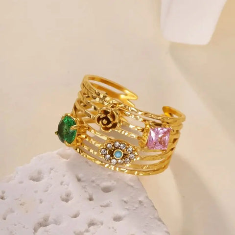 Multi-Layer Zircon Evil Eye Rose Flower Rings For Women 18K Gold Plated Stainless Steel Dainty Ring Wedding Christmas Jewelry
