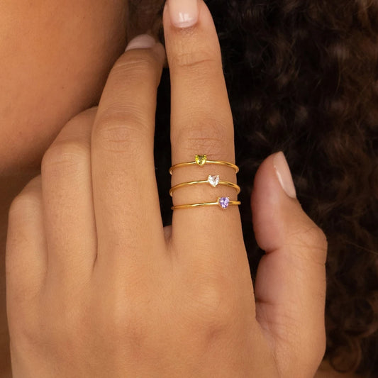 Zircon Heart Birthstone Rings For Women Gold Color Adjustable Stainless Steel Birthstone Heart Ring  Wedding Jewelry Gift BFF