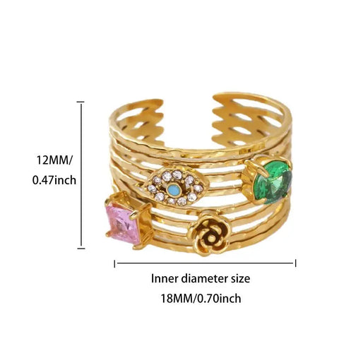 Multi-Layer Zircon Evil Eye Rose Flower Rings For Women 18K Gold Plated Stainless Steel Dainty Ring Wedding Christmas Jewelry