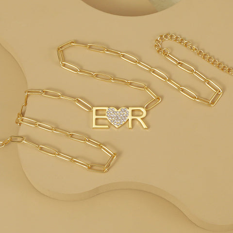 Crystal Heart Paper Clip Initial Necklace
