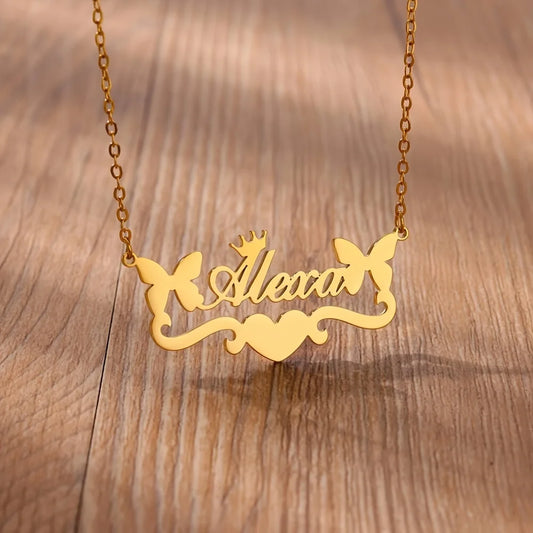 Custom Name Butterfly Ribbon Love Necklaces For Women Gold Color Stainless Steel Name Necklace Wedding Christmas Jewelry Gift