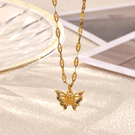Colorful Zircon Butterfly Pendant Necklaces For Women Gold Color Sparkly CZ Butterfly Necklace Wedding Christmas Jewelry Gift