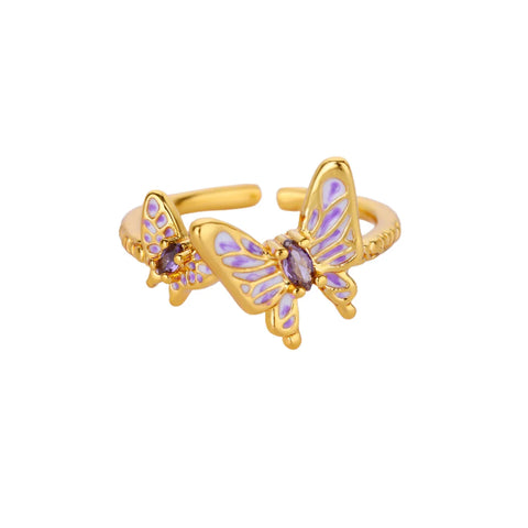 Zircon Butterfly Opening Rings For Women Gold Color Stainless Steel Double Butterfly Ring Aesthetic Wedding Christmas Jewelry