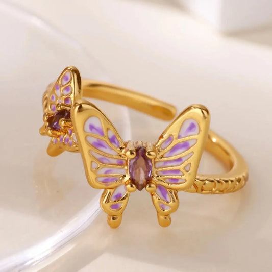 Zircon Butterfly Opening Rings For Women Gold Color Stainless Steel Double Butterfly Ring Aesthetic Wedding Christmas Jewelry