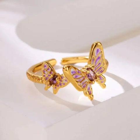 Zircon Butterfly Opening Rings For Women Gold Color Stainless Steel Double Butterfly Ring Aesthetic Wedding Christmas Jewelry