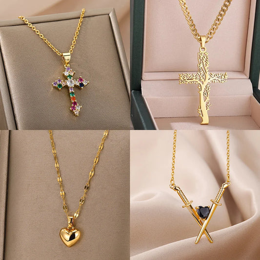Crossed Swords & Onyx Heart Necklaces For Women Stainless Steel Crossed Swords Necklace Wedding Aesthetic Jewelry Gift